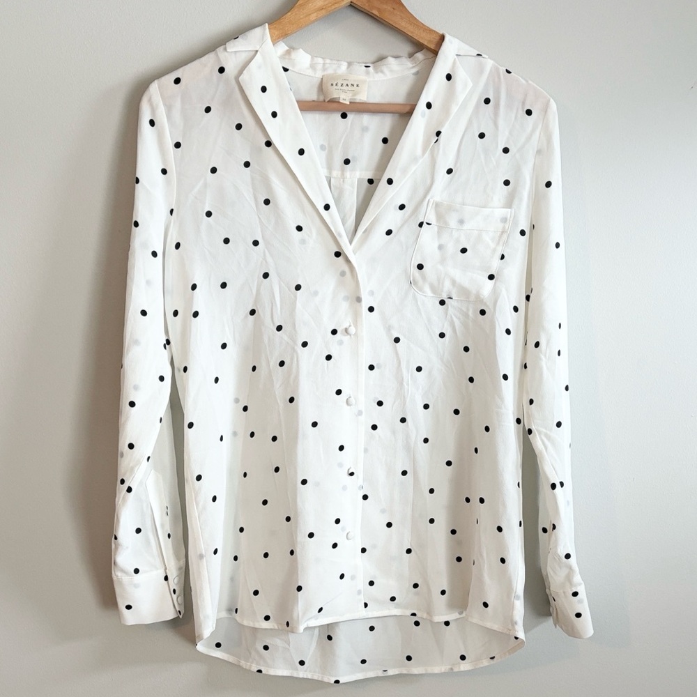 Sezane White and Black Polka Dot Button Down Shirt